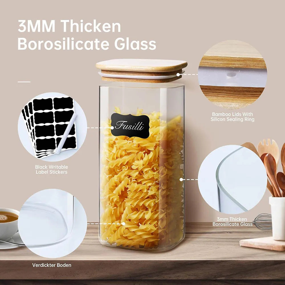 M.O - Square Glass Storage Jars with Bamboo