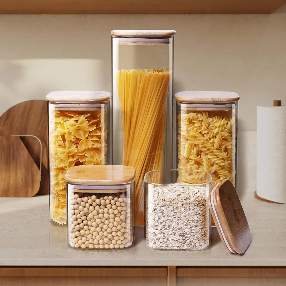 M.O - Square Glass Storage Jars with Bamboo