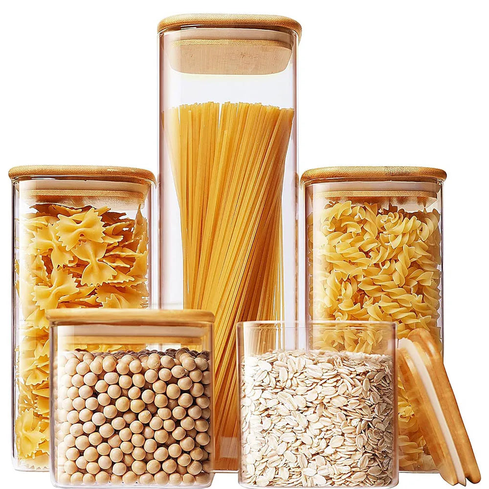 M.O - Square Glass Storage Jars with Bamboo